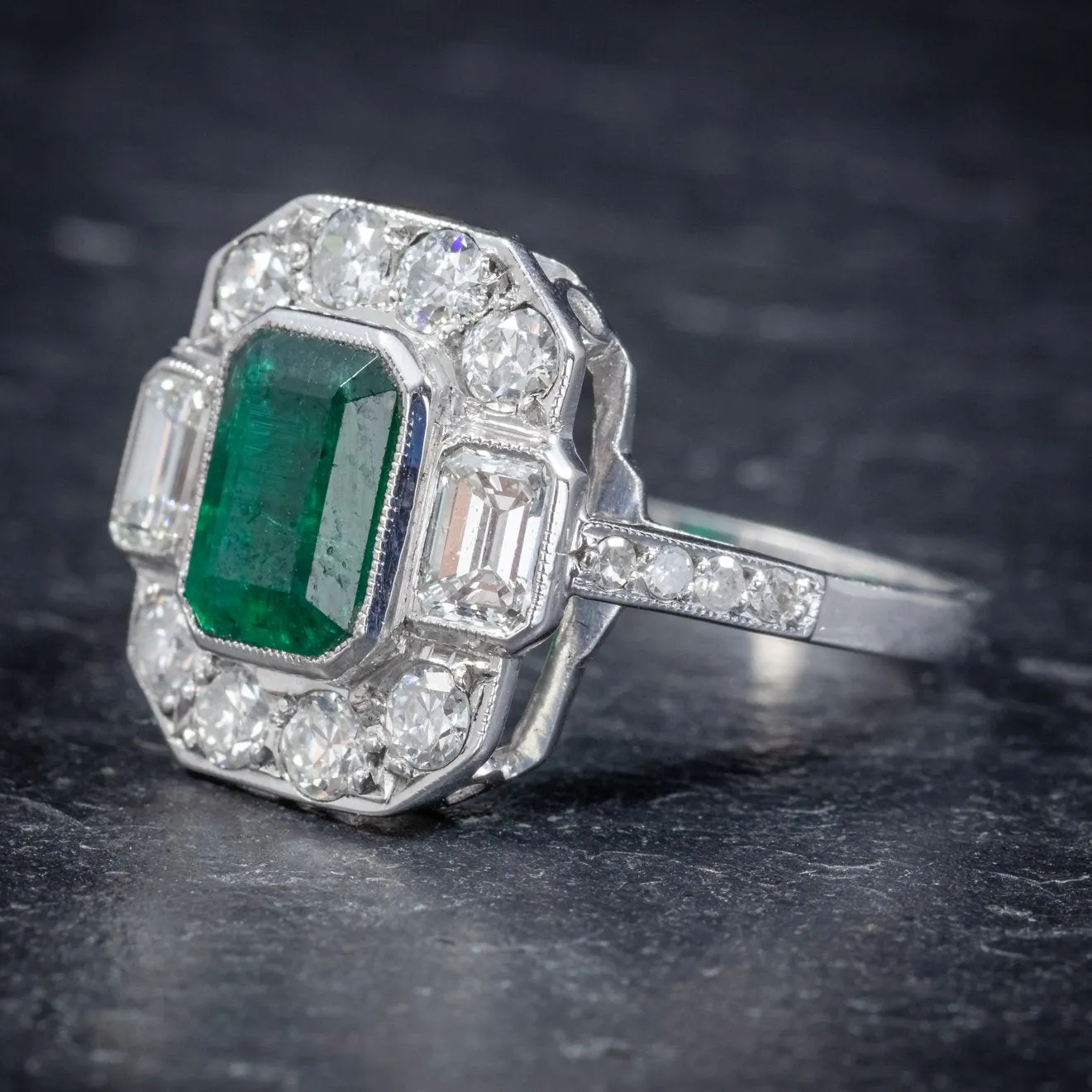 Art Deco Style Emerald Diamond Ring 18Ct White Gold 1.75Ct Emerald Cert