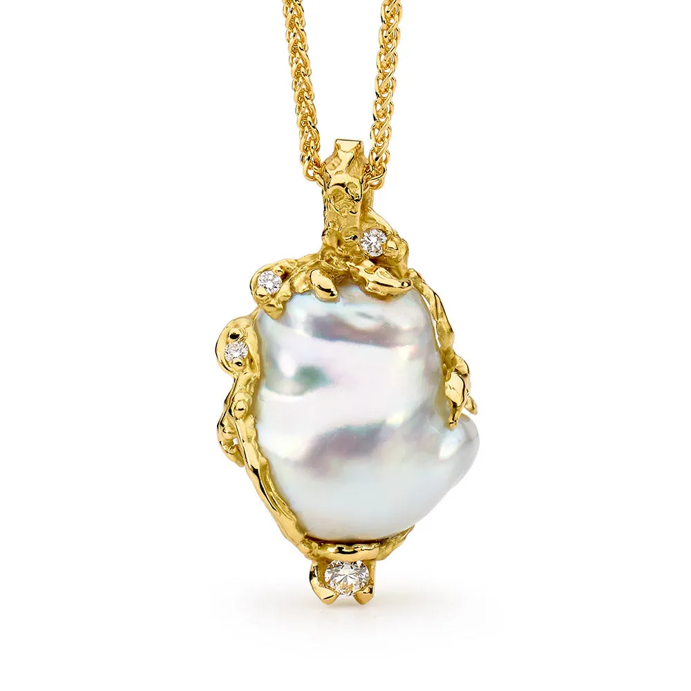 Baroque Pearl and Diamonds Freeform Pendant