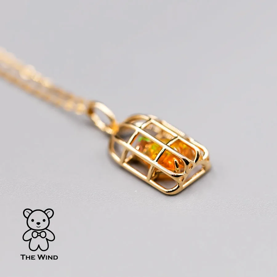 Bird Cage Mexican Fire Opal Necklace Pendant 18K Yellow Gold