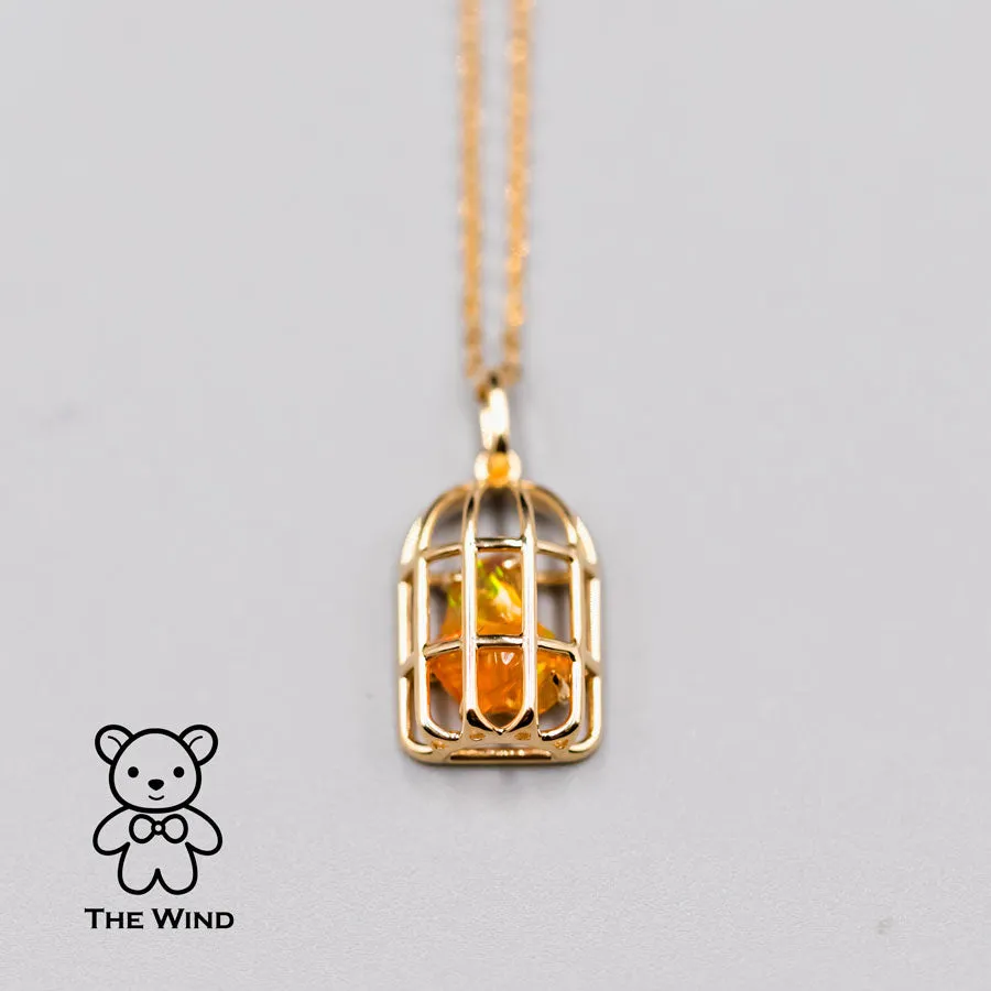 Bird Cage Mexican Fire Opal Necklace Pendant 18K Yellow Gold