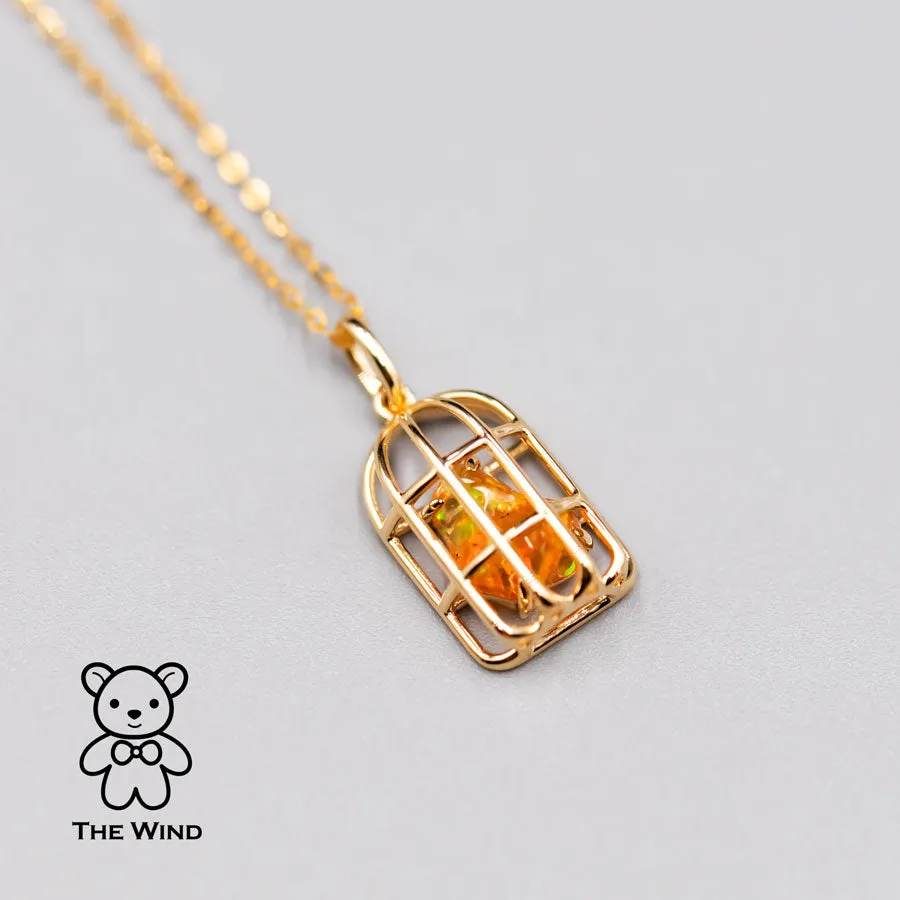 Bird Cage Mexican Fire Opal Necklace Pendant 18K Yellow Gold