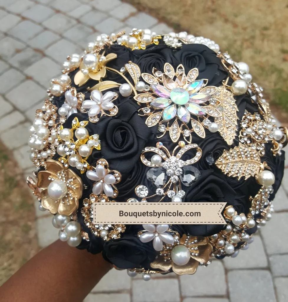 Black Gold Satin Roses Brooch Bouquet or DIY KIT ~ GLORY