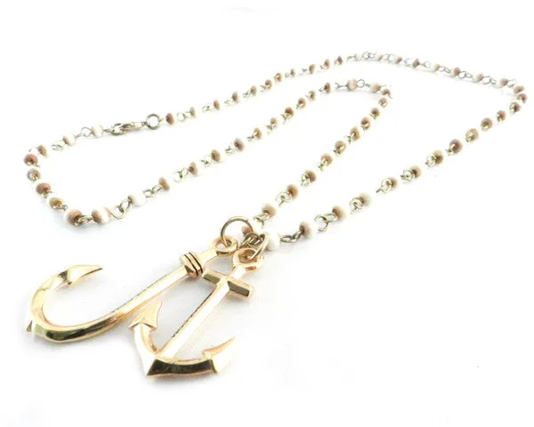 Bone Bead Chain Necklace w/Gold Anchor & Hook