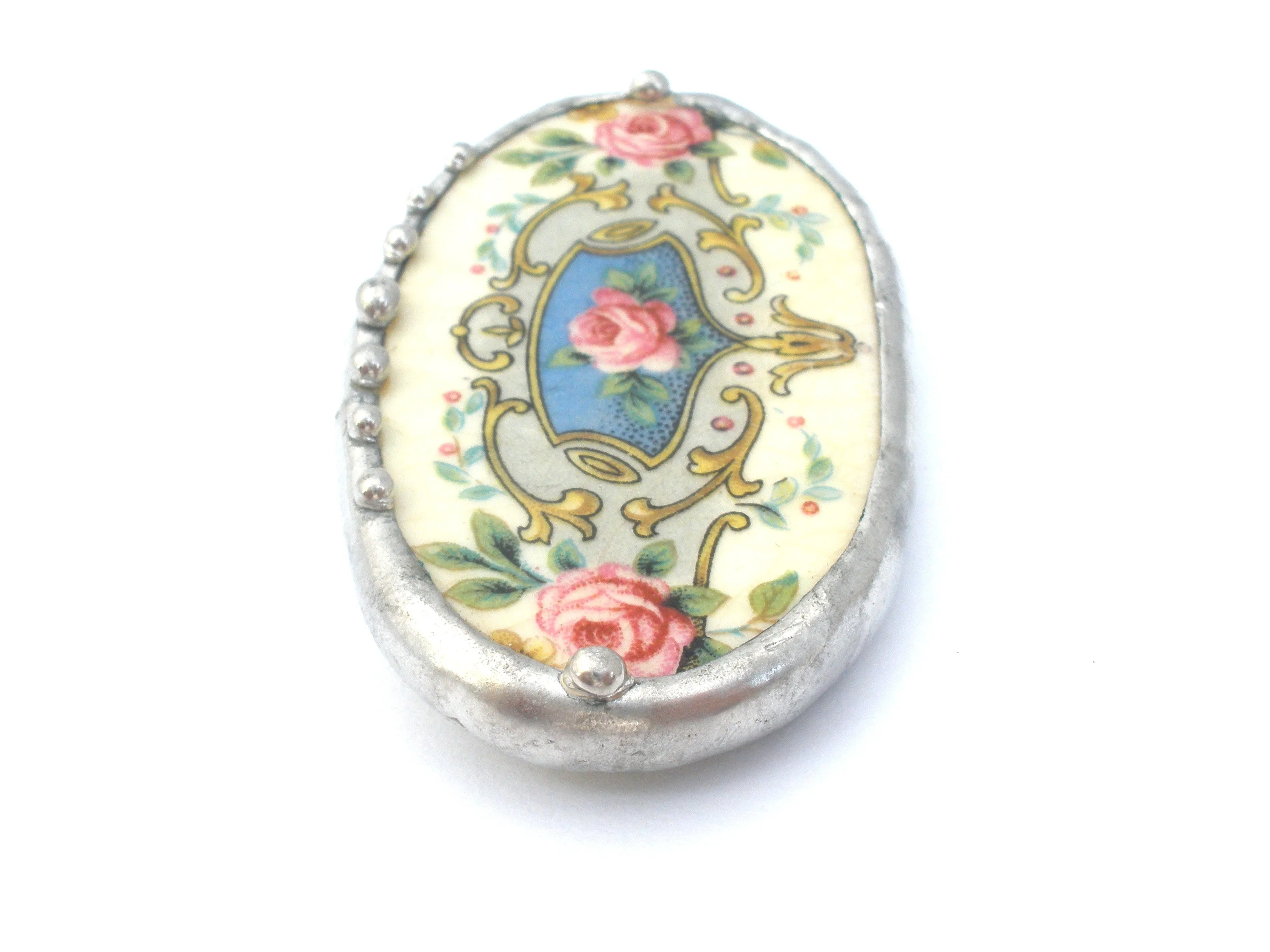 Broken China Rose Oval Brooch Vintage