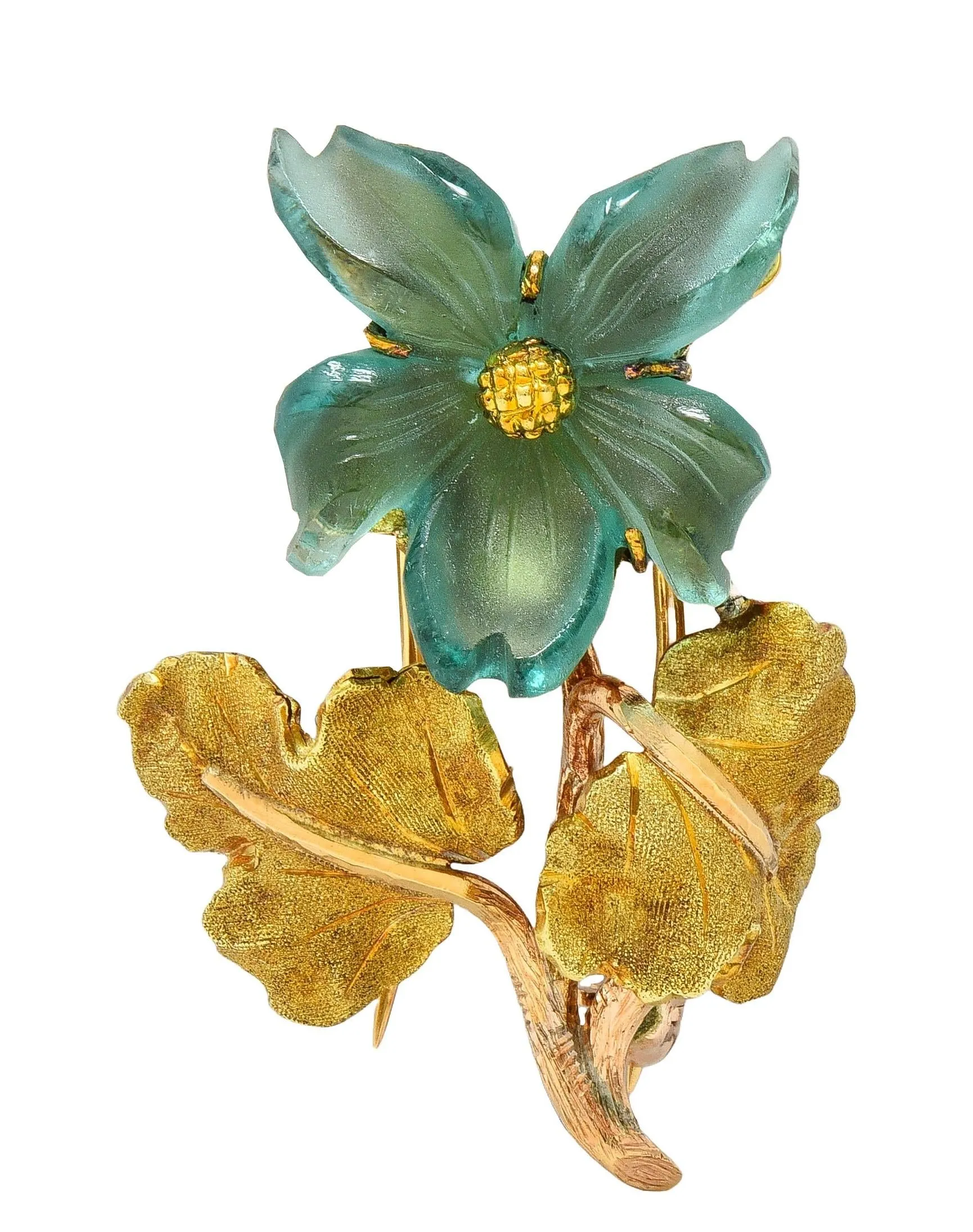 Buccellati 1960s Carved Fluorite 18 Karat Two-Tone Gold Vintage Dogwood Flower Brooch