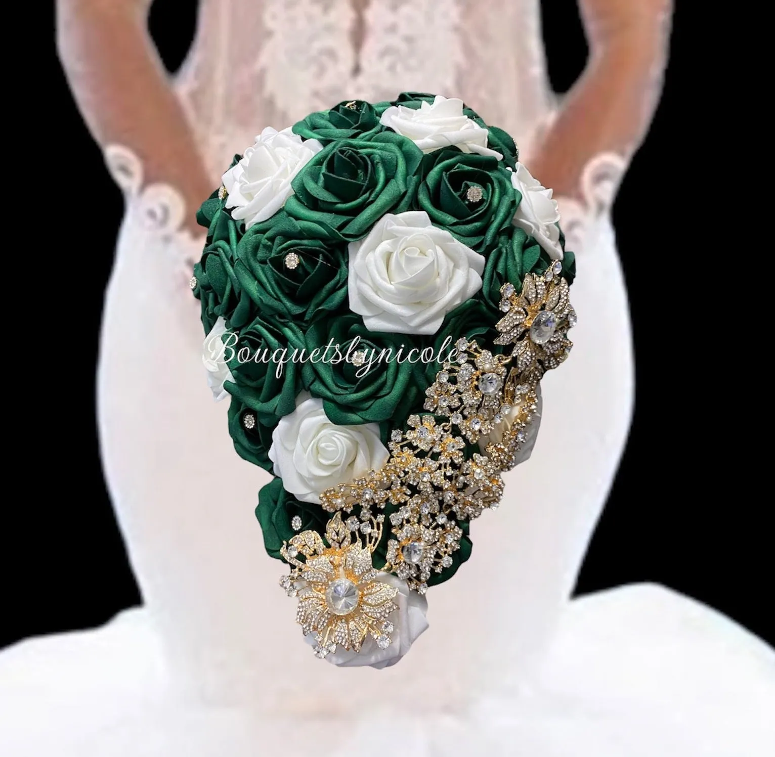 CAS02~ Cascading Waterfall Emerald Green White Real Touch Roses Brooch Bouquet