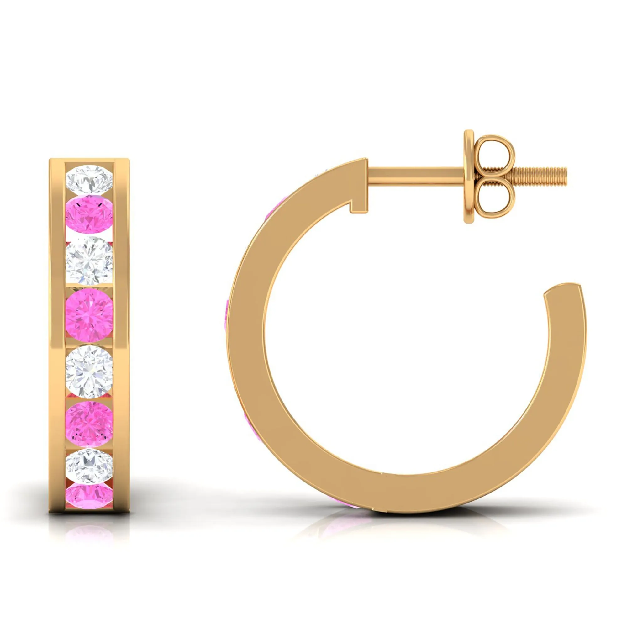 Channel Set Pink Sapphire and Diamond Half Eternity Hinged Hoop Earrings