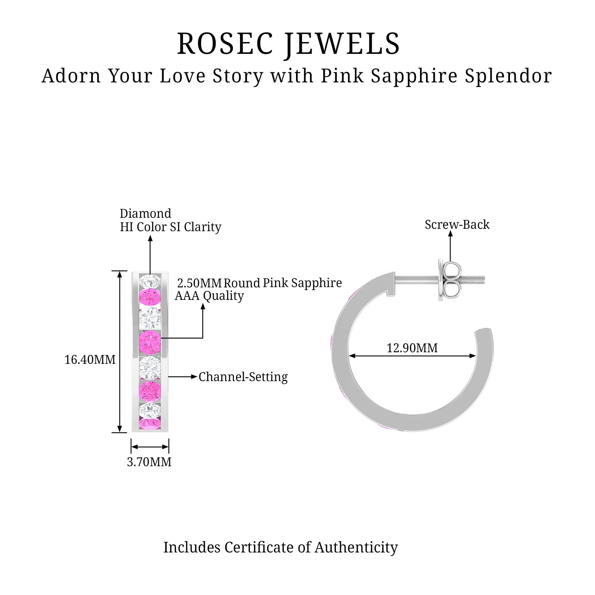 Channel Set Pink Sapphire and Diamond Half Eternity Hinged Hoop Earrings