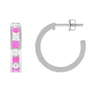 Channel Set Pink Sapphire and Diamond Half Eternity Hinged Hoop Earrings