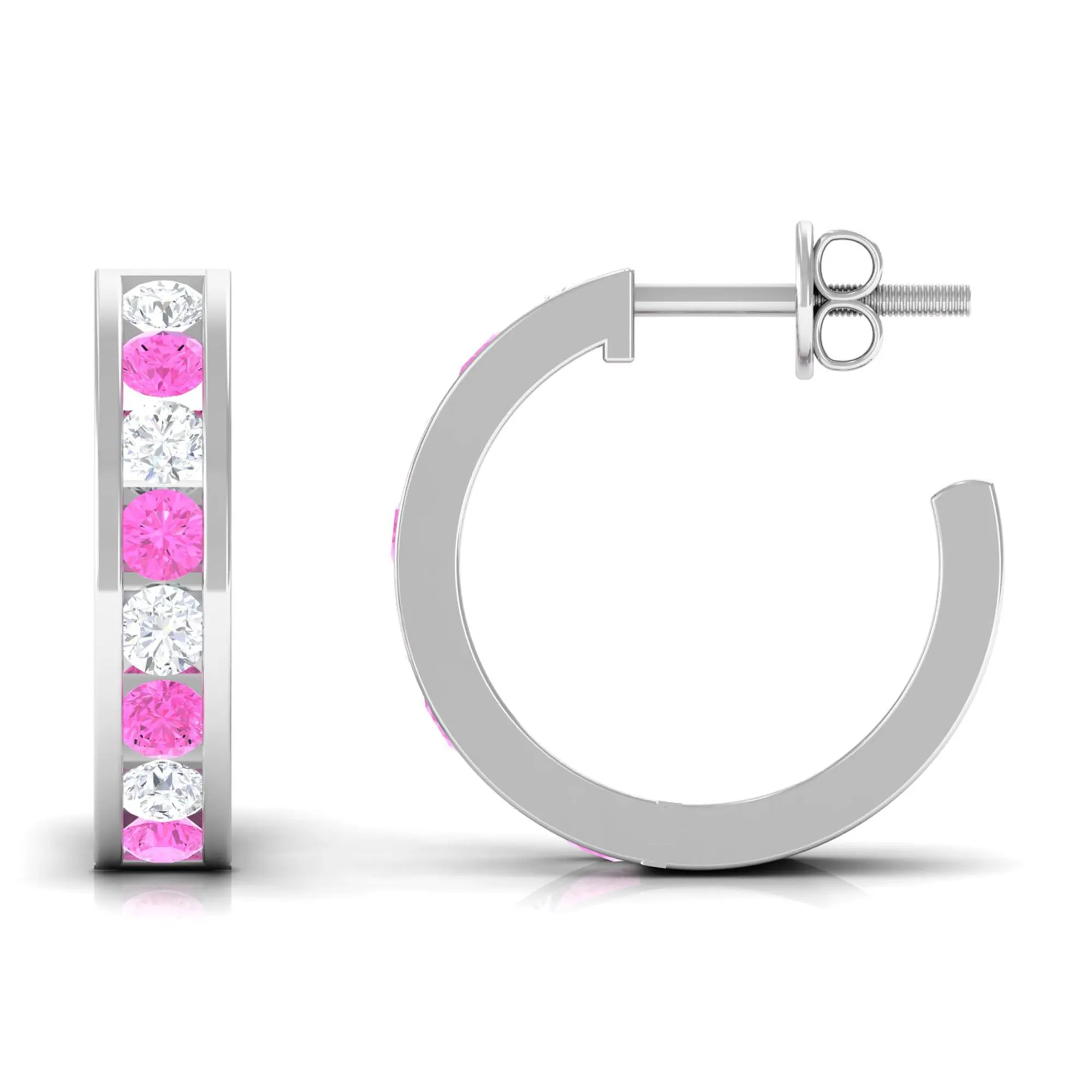 Channel Set Pink Sapphire and Diamond Half Eternity Hinged Hoop Earrings