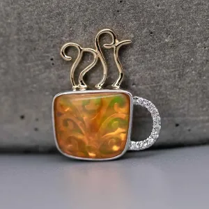 Coffee Cup Fire Opal Diamond Pendant Necklace 18K White/Yellow Gold