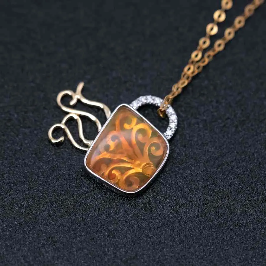 Coffee Cup Fire Opal Diamond Pendant Necklace 18K White/Yellow Gold