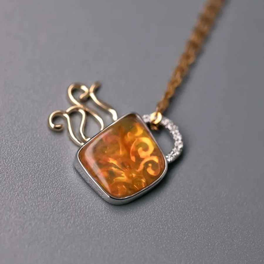 Coffee Cup Fire Opal Diamond Pendant Necklace 18K White/Yellow Gold