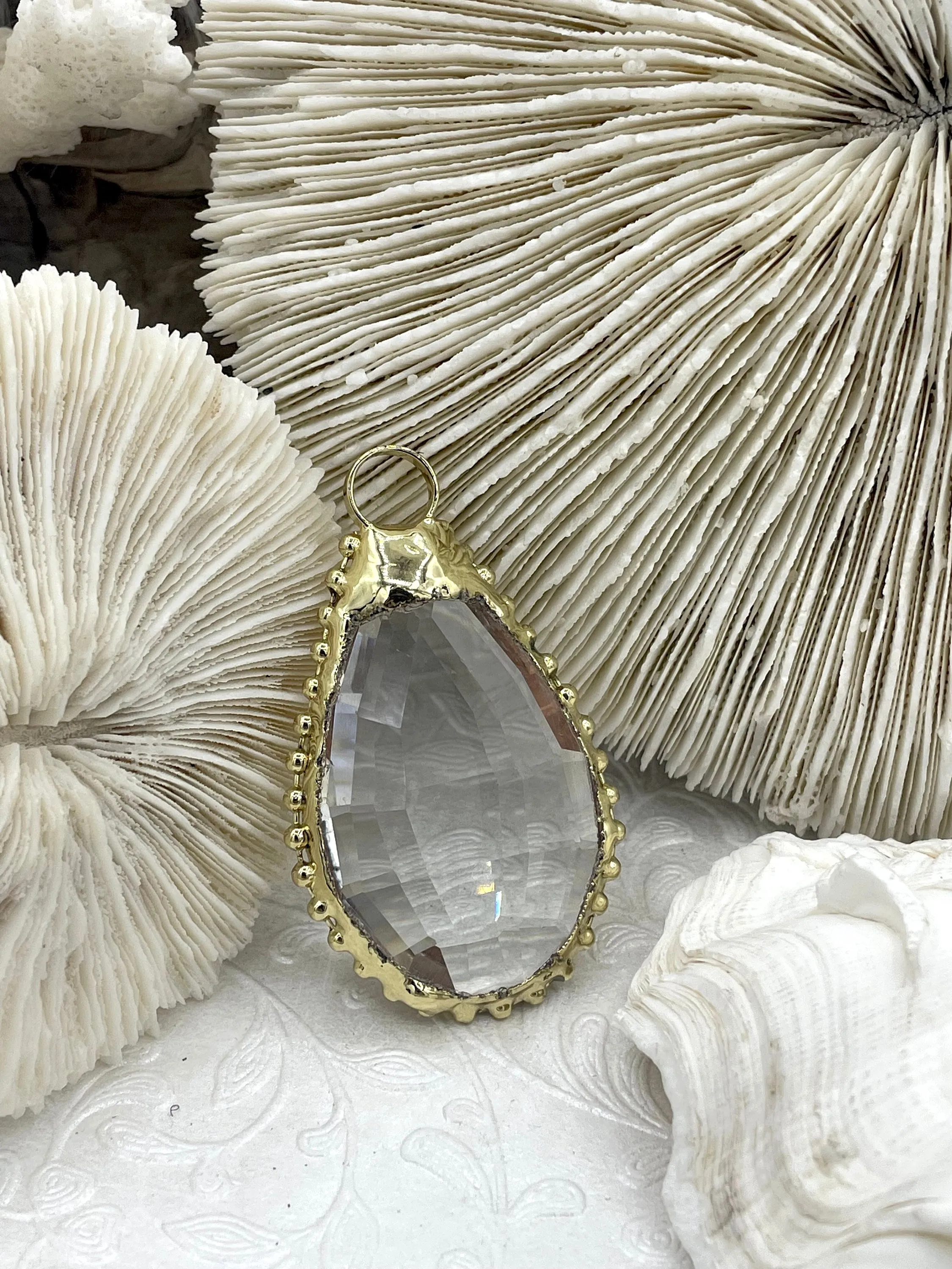 Crystal Gold Soldered Pendant/Charm. Teardrop Shape, Textured Soldering, Necklace Charm. Fast Shipping