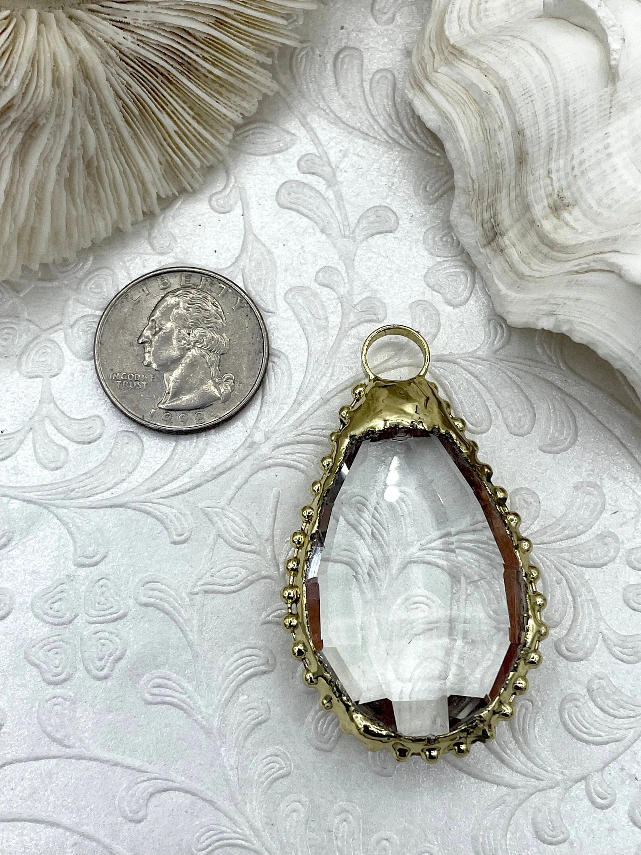 Crystal Gold Soldered Pendant/Charm. Teardrop Shape, Textured Soldering, Necklace Charm. Fast Shipping