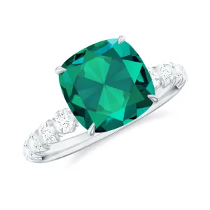 Cushion Cut Created Emerald Engagement Ring with Diamond Side Stones