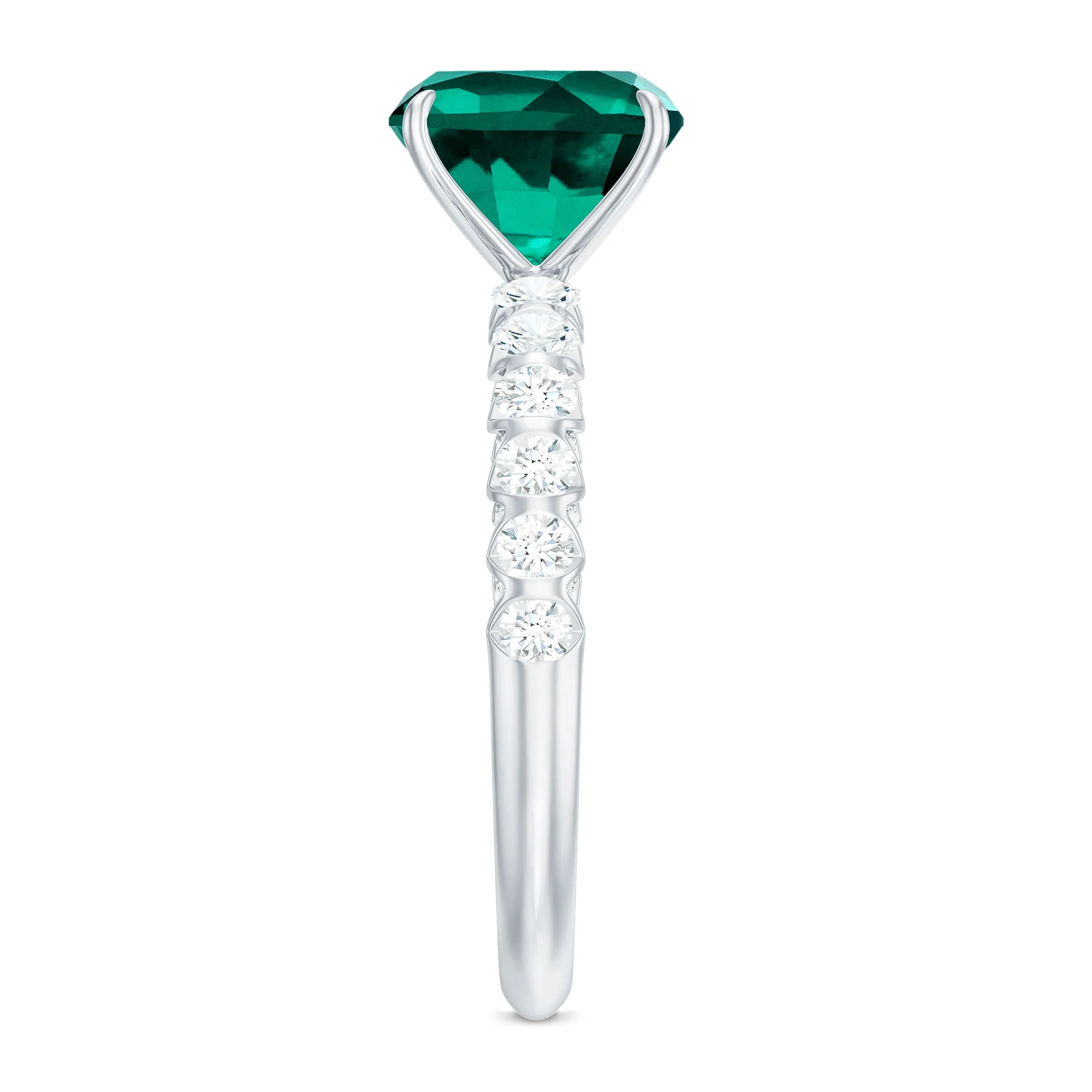 Cushion Cut Created Emerald Engagement Ring with Diamond Side Stones