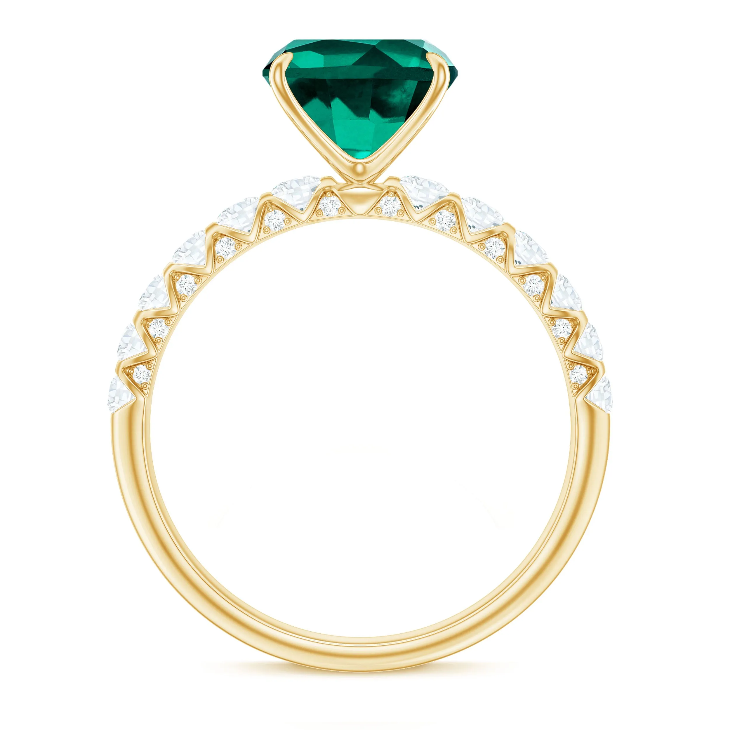 Cushion Cut Created Emerald Engagement Ring with Diamond Side Stones