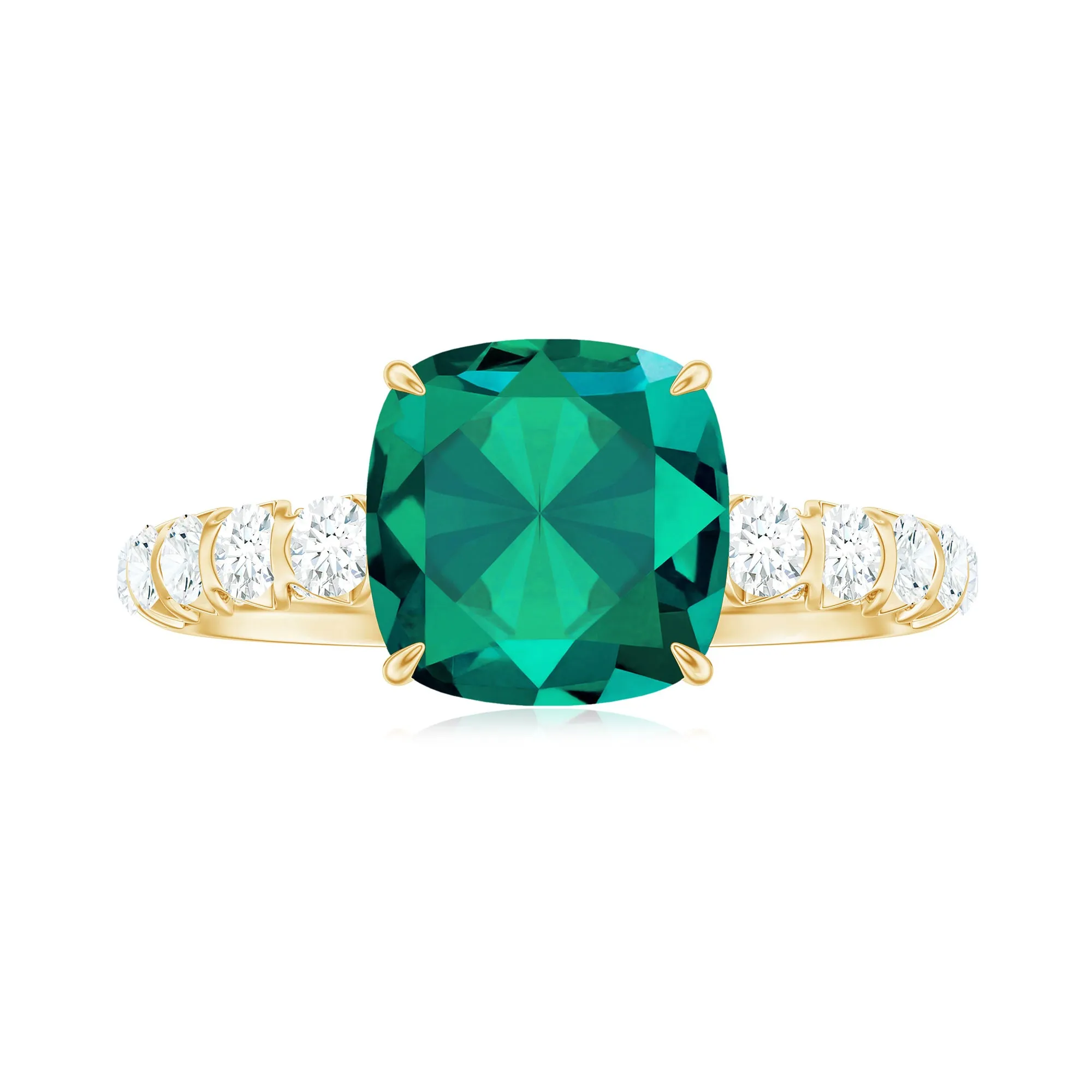 Cushion Cut Created Emerald Engagement Ring with Diamond Side Stones