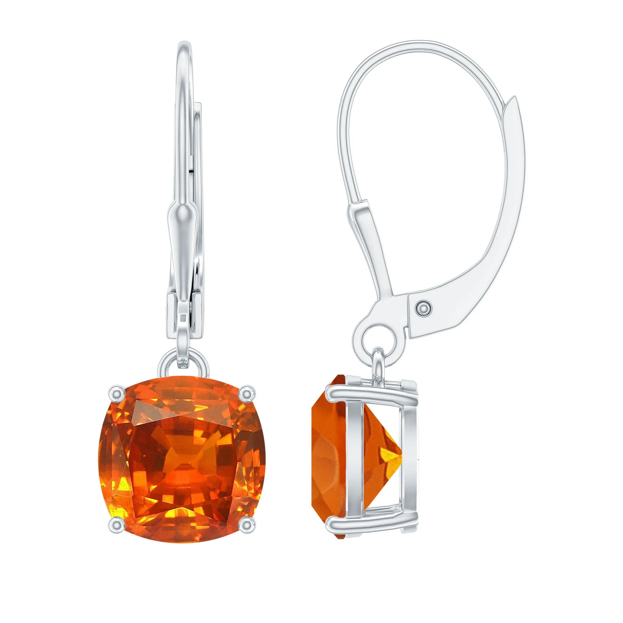 Cushion Cut Created Orange Sapphire Solitaire Drop Earrings