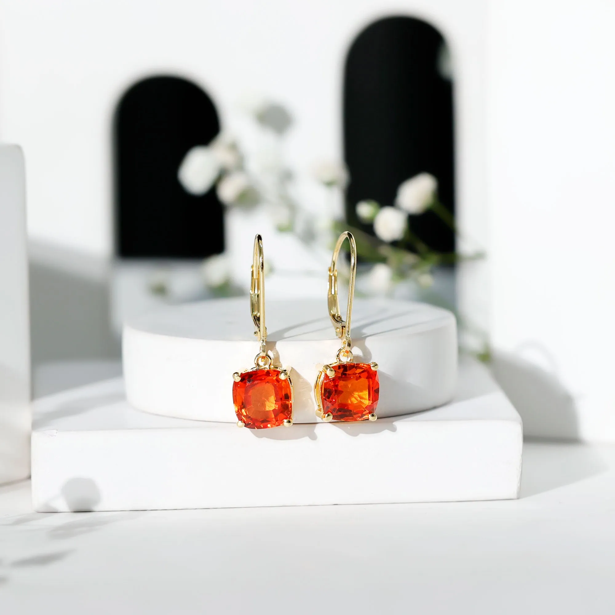 Cushion Cut Created Orange Sapphire Solitaire Drop Earrings