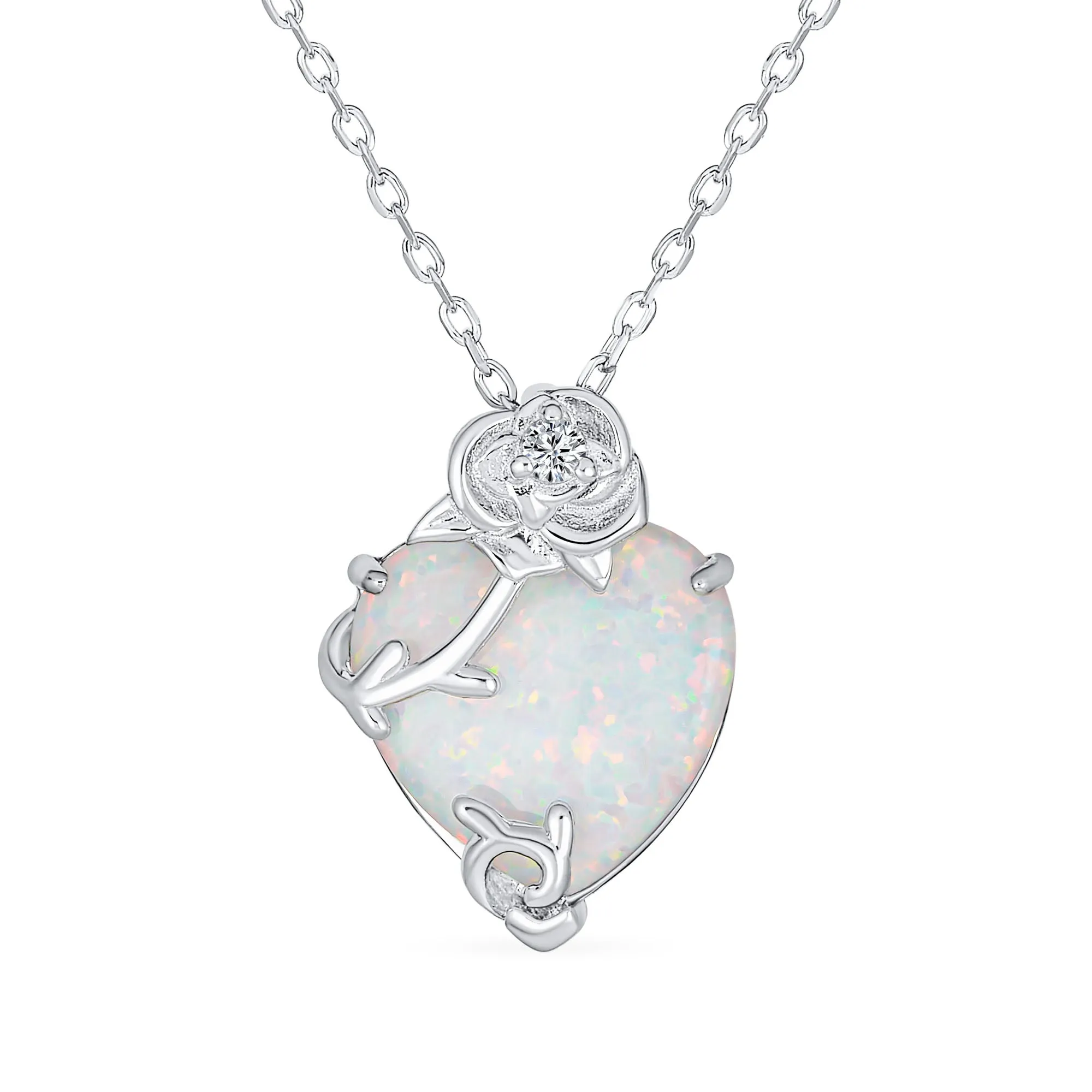 CZ Accent White Opal Heart Rose Pendant Necklace .925 Sterling Silver