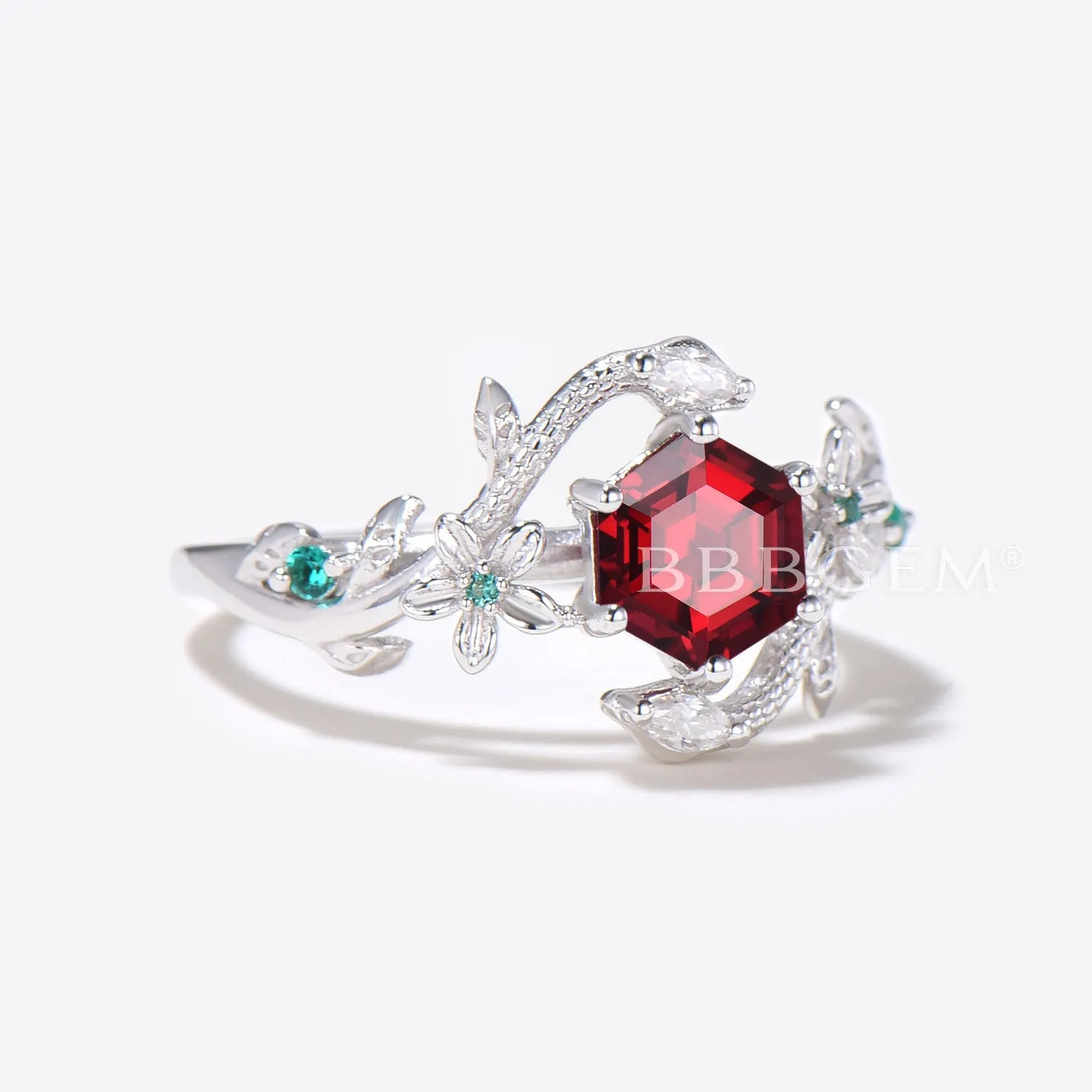 Double Snake Hexagon Cut Ruby Engagement Ring Floral Leaf Ring