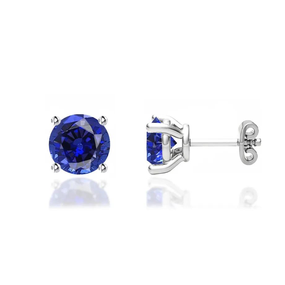 DOVE - Round Blue Sapphire 18k White Gold Stud Earrings