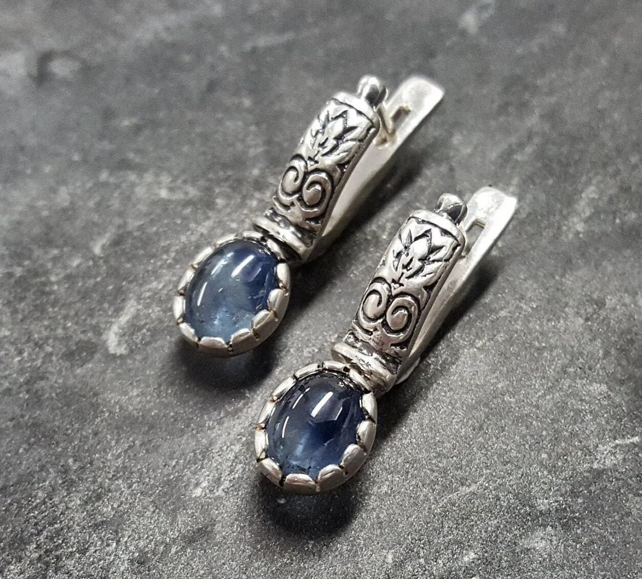 Drop Sapphire Earrings - Genuine Sapphire Earrings - Vintage Tribal Earrings