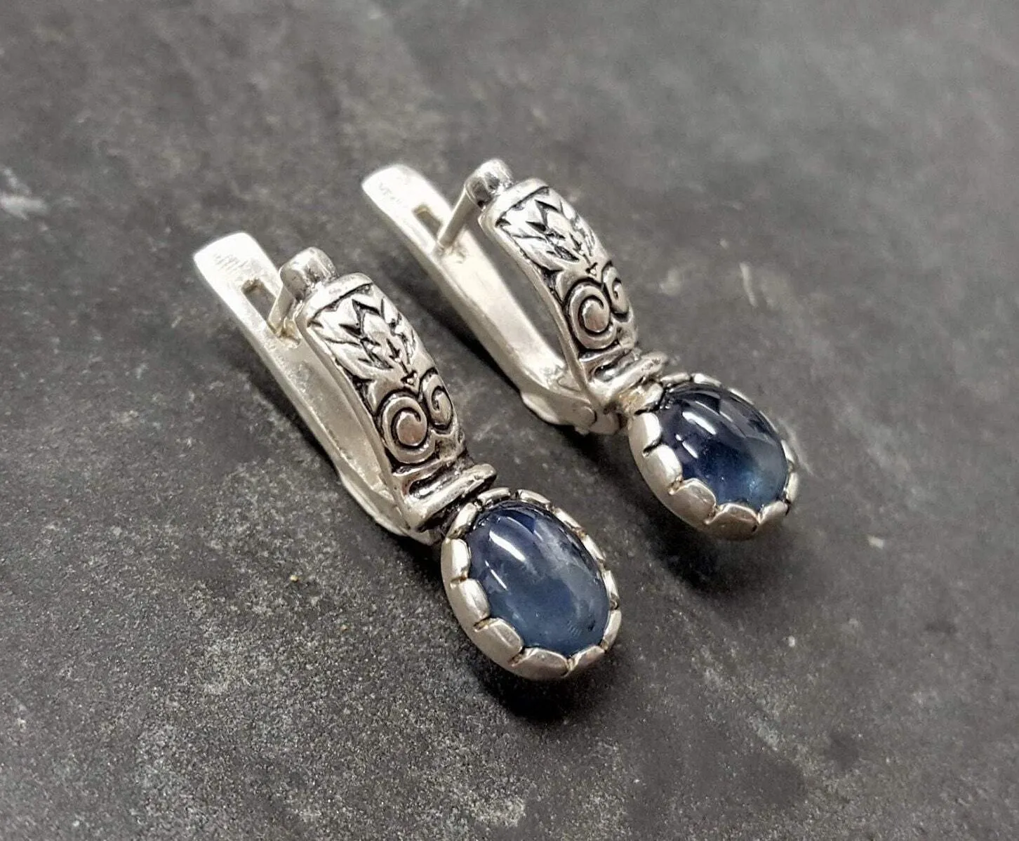 Drop Sapphire Earrings - Genuine Sapphire Earrings - Vintage Tribal Earrings