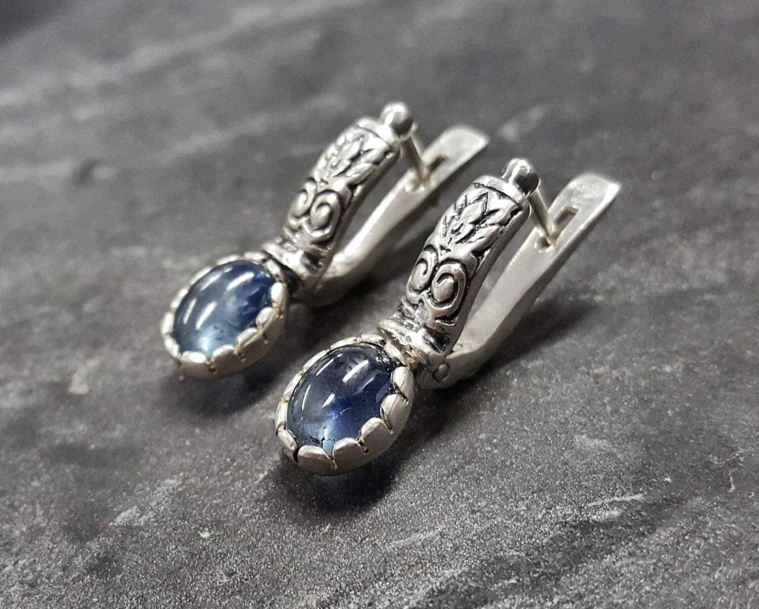 Drop Sapphire Earrings - Genuine Sapphire Earrings - Vintage Tribal Earrings