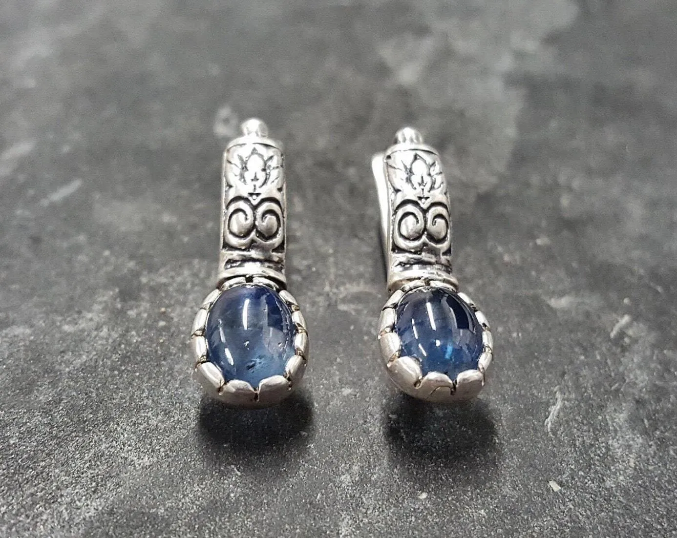 Drop Sapphire Earrings - Genuine Sapphire Earrings - Vintage Tribal Earrings