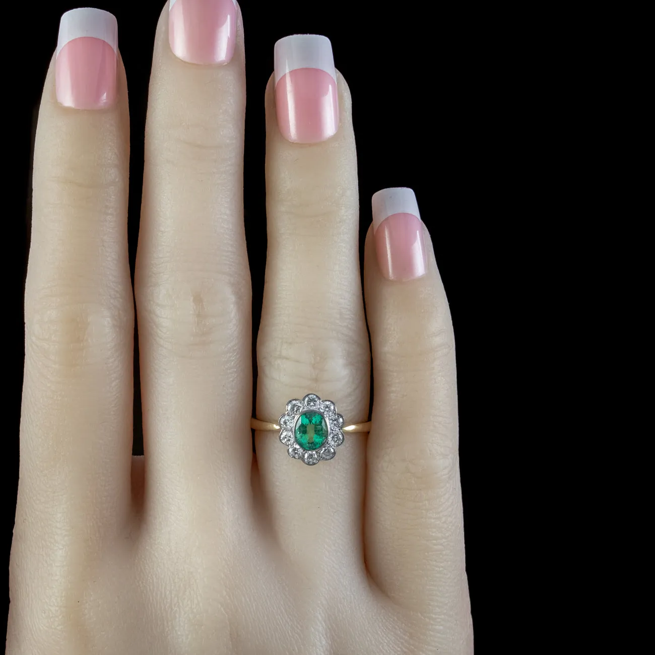 Edwardian Style Emerald Diamond Cluster Ring 0.75ct Emerald