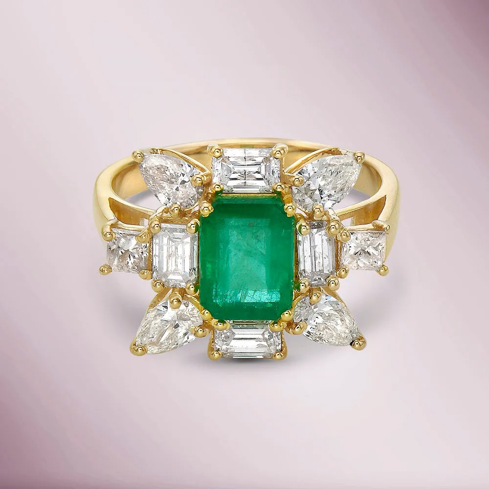 Emerald Cut Emerald & Multi Shape Diamond Cocktail Ring (3.60 ct.) in 14K Gold