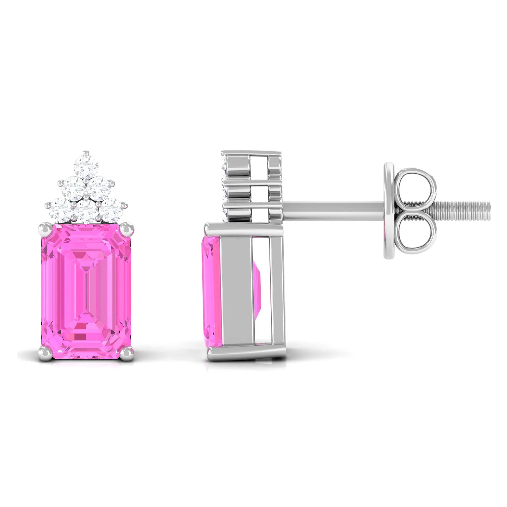 Emerald Cut Pink Sapphire Stud Earrings with Diamond Cluster