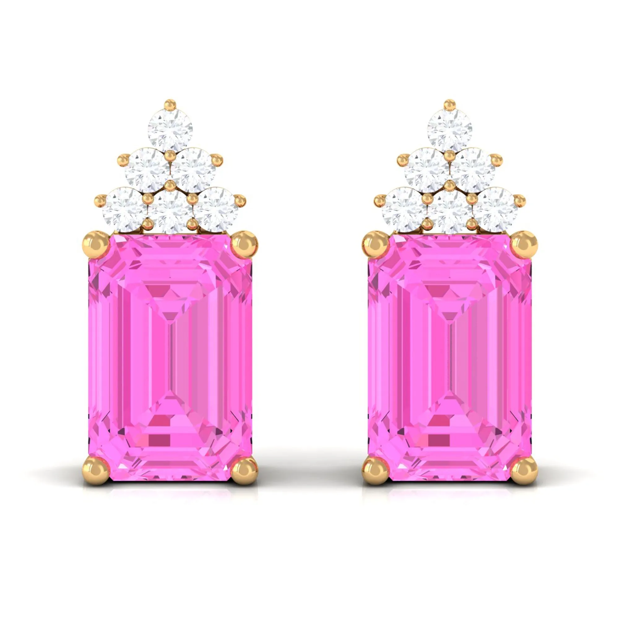 Emerald Cut Pink Sapphire Stud Earrings with Diamond Cluster