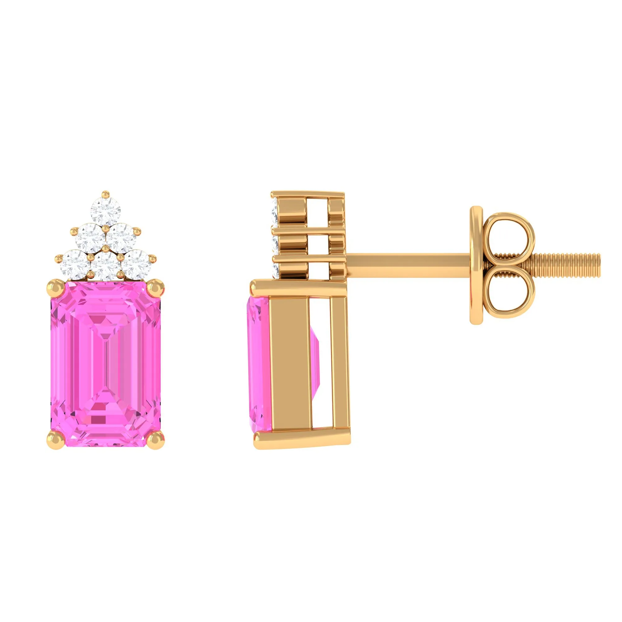 Emerald Cut Pink Sapphire Stud Earrings with Diamond Cluster