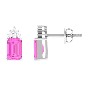 Emerald Cut Pink Sapphire Stud Earrings with Diamond Cluster