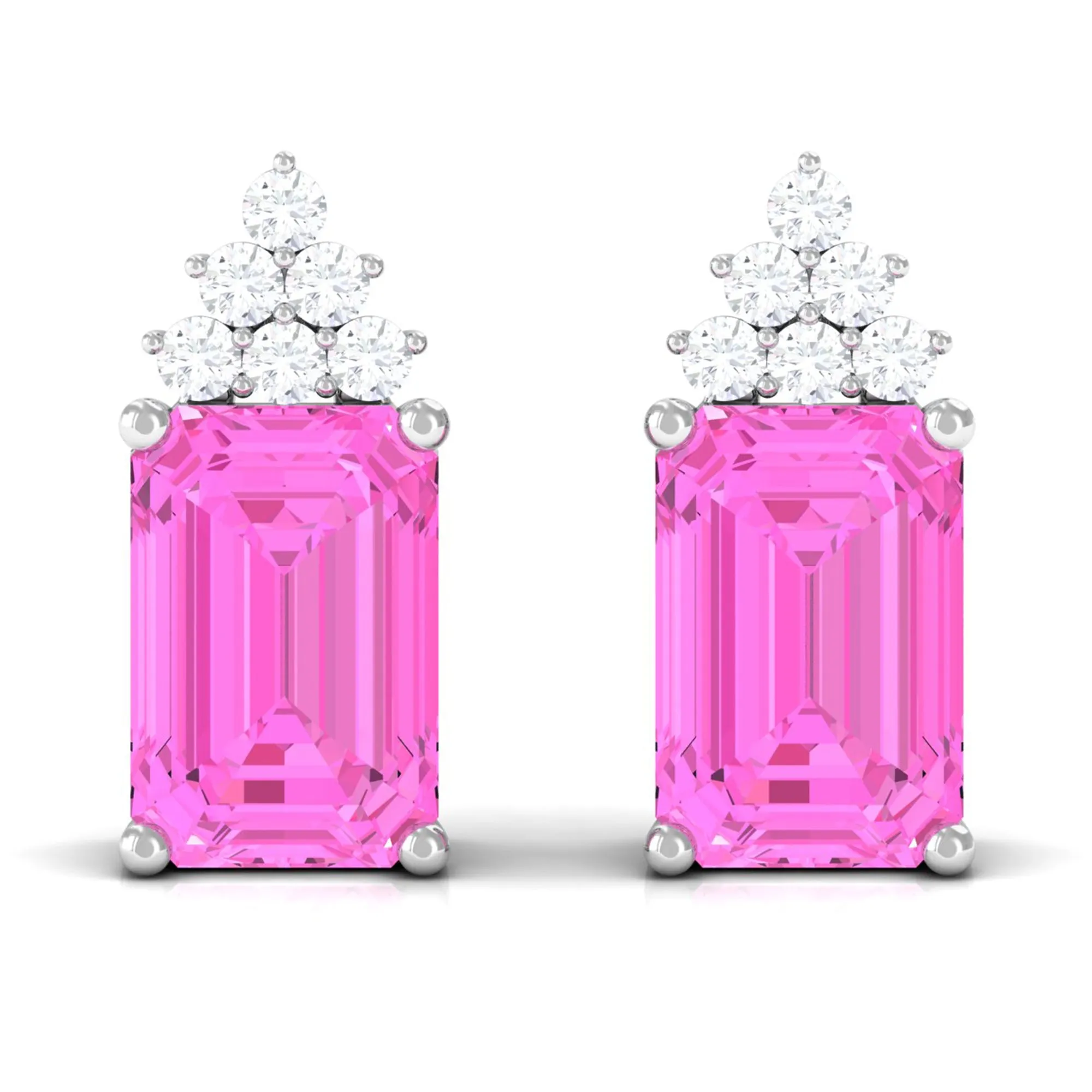 Emerald Cut Pink Sapphire Stud Earrings with Diamond Cluster