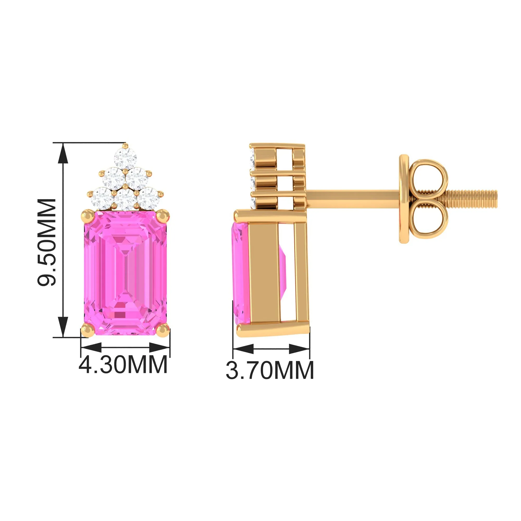 Emerald Cut Pink Sapphire Stud Earrings with Diamond Cluster