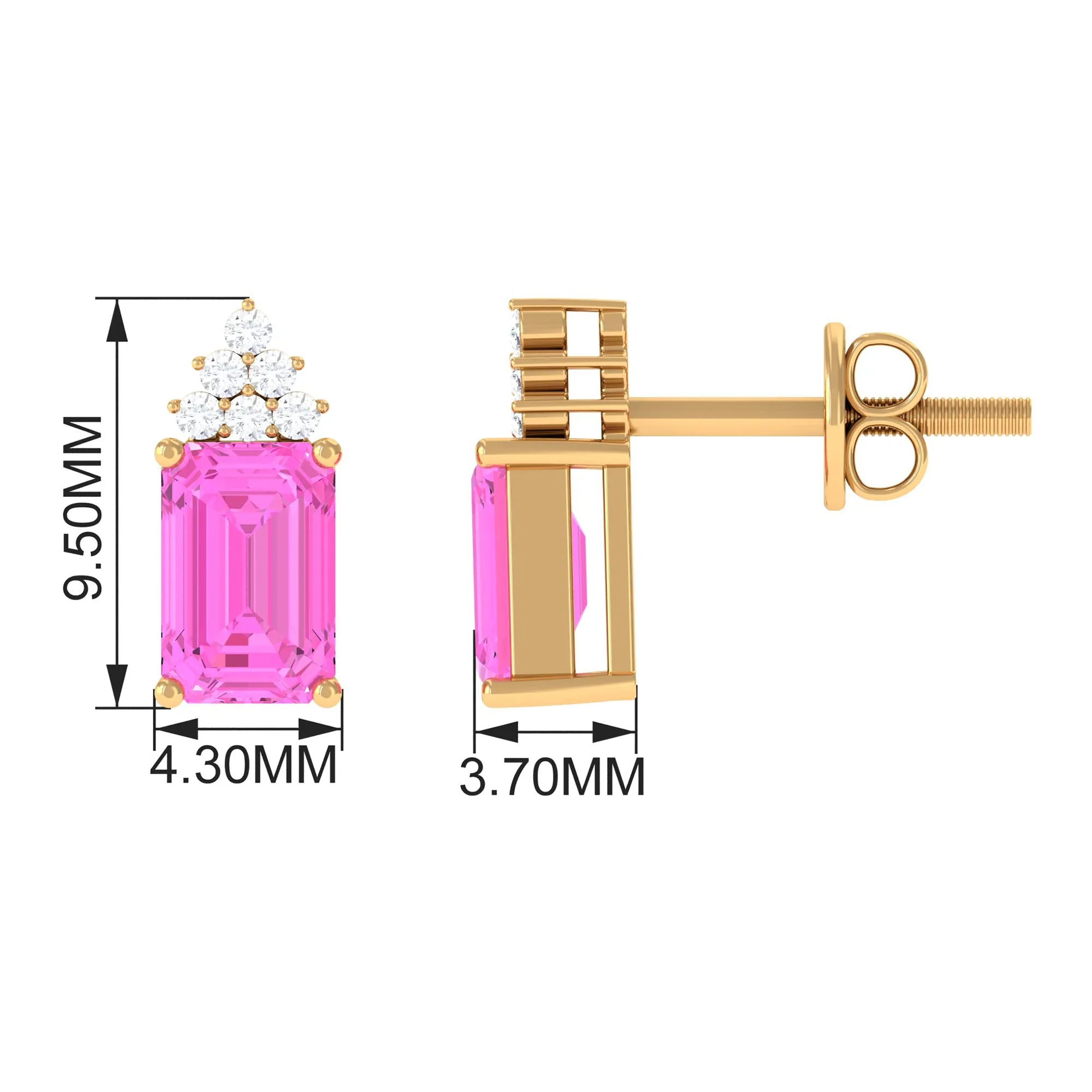 Emerald Cut Pink Sapphire Stud Earrings with Diamond Cluster