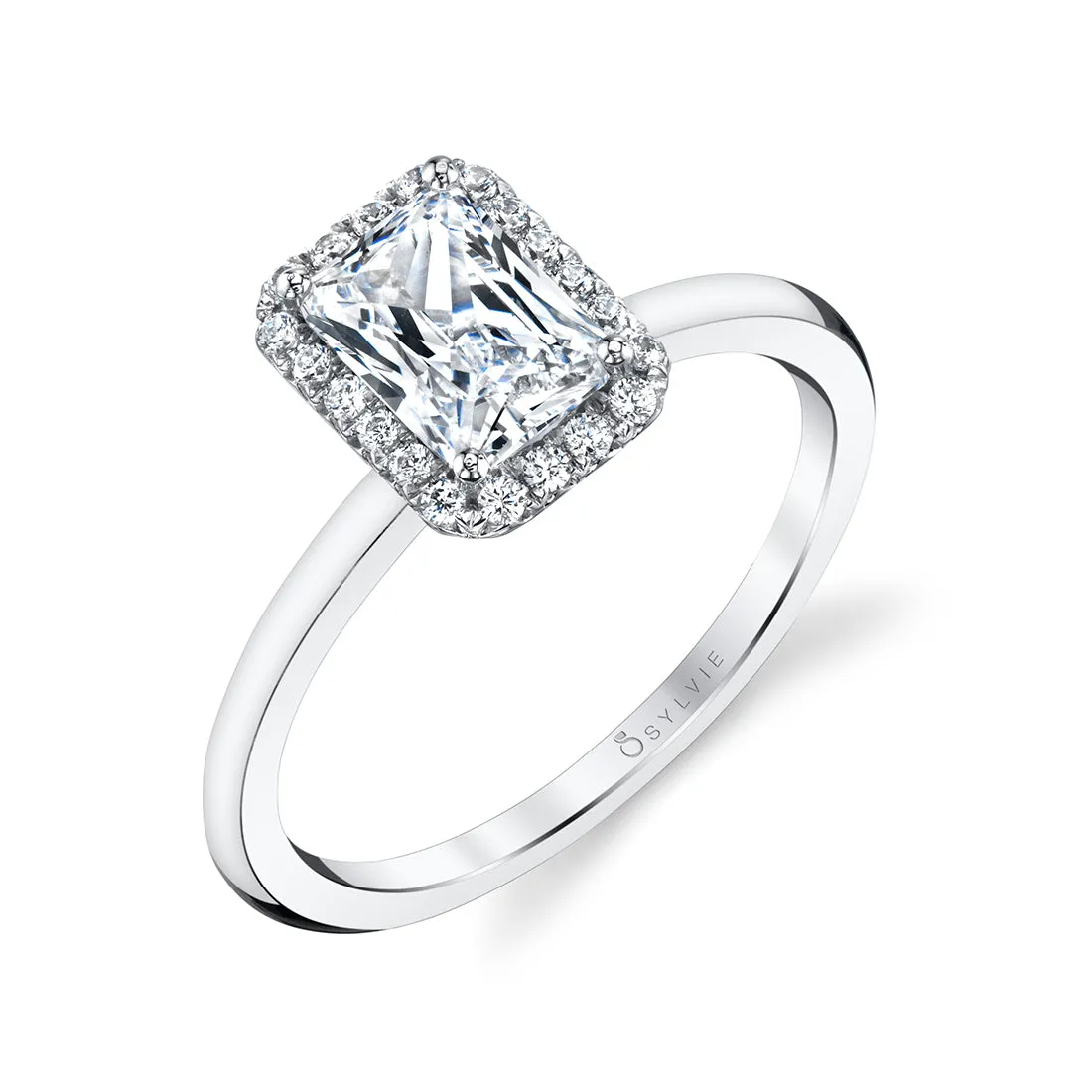 Emerald Cut Solitaire Halo Engagement Ring - Elsie 18k Gold White