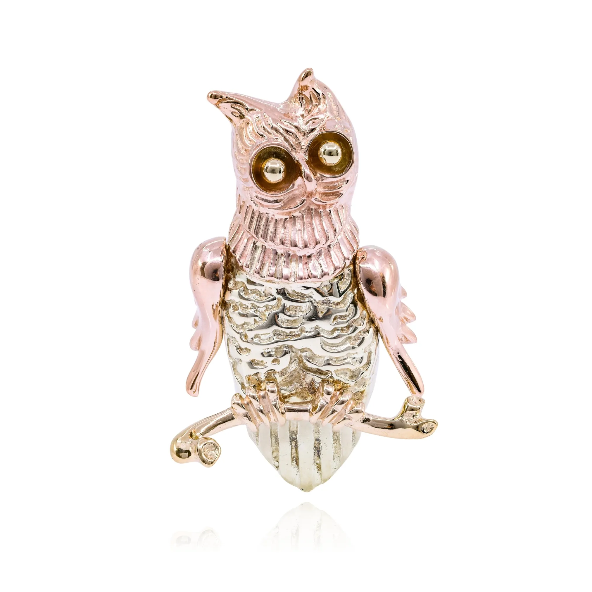 ESTATE 14K YELLOW AND ROSE GOLD OWL PIN