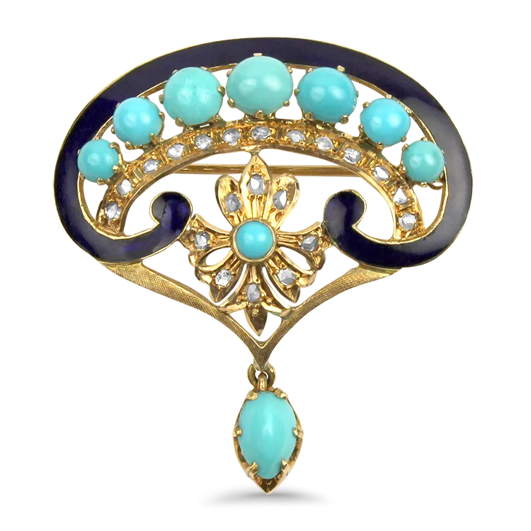 Estate 14K Yellow Gold Enameled Turquoise & Diamond Brooch