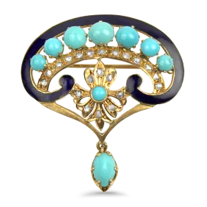 Estate 14K Yellow Gold Enameled Turquoise & Diamond Brooch