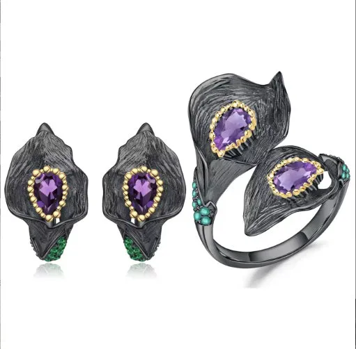 Exquisite Flower Shape, High Grade- Amethyst Suit Craft 925 Silver Plated