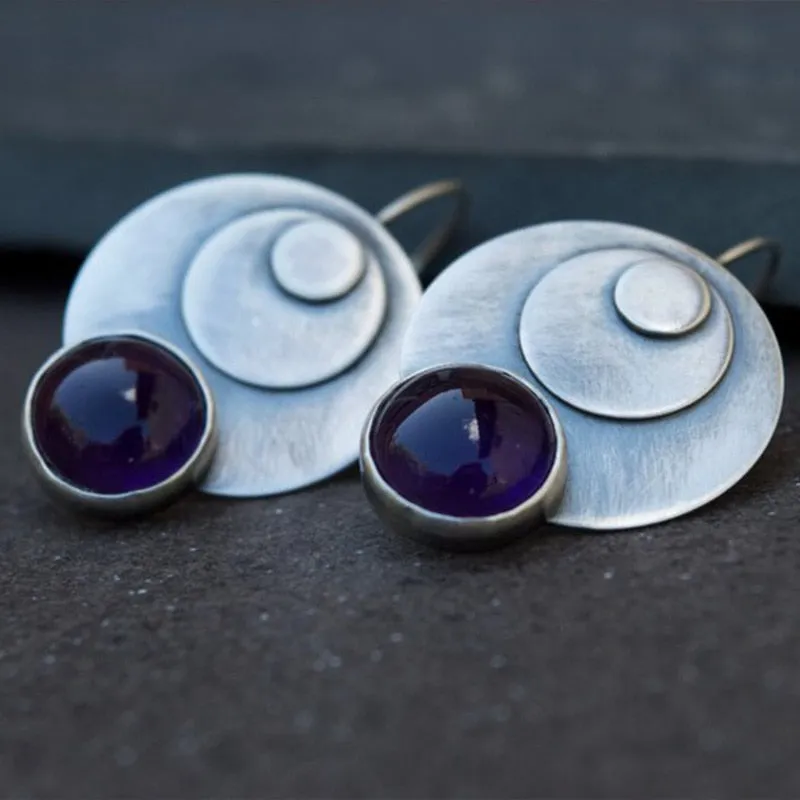 Fashion Boho Round Metal Inlaid Amethyst Earrings