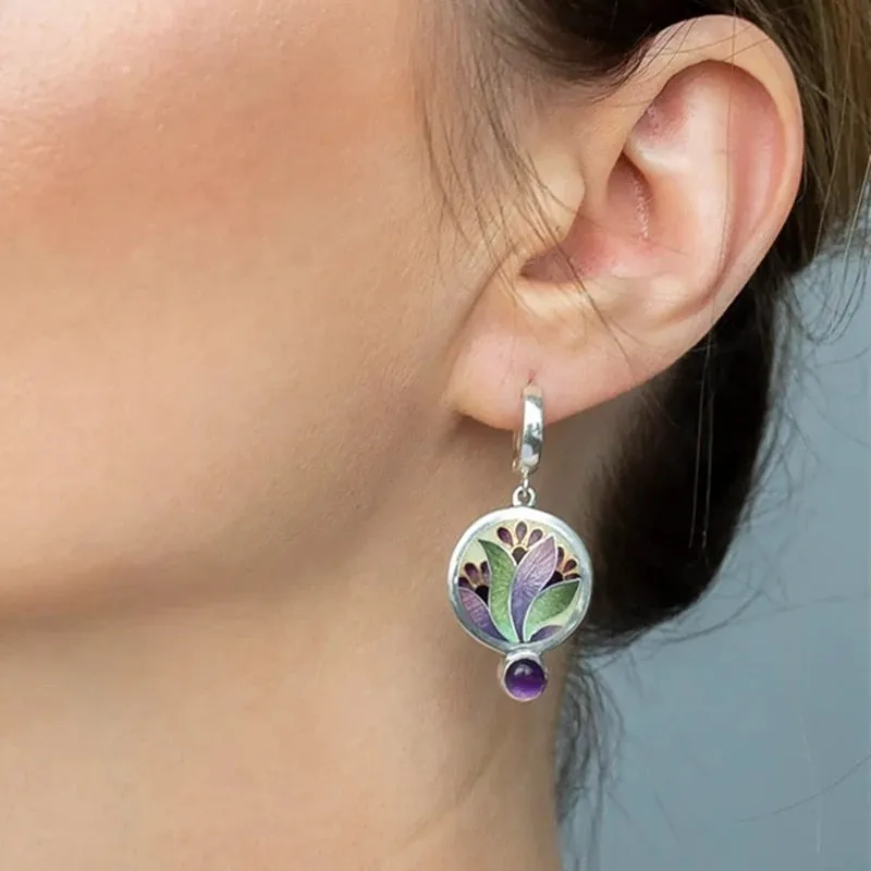 Fashion Boho Round Metal Inlaid Amethyst Earrings