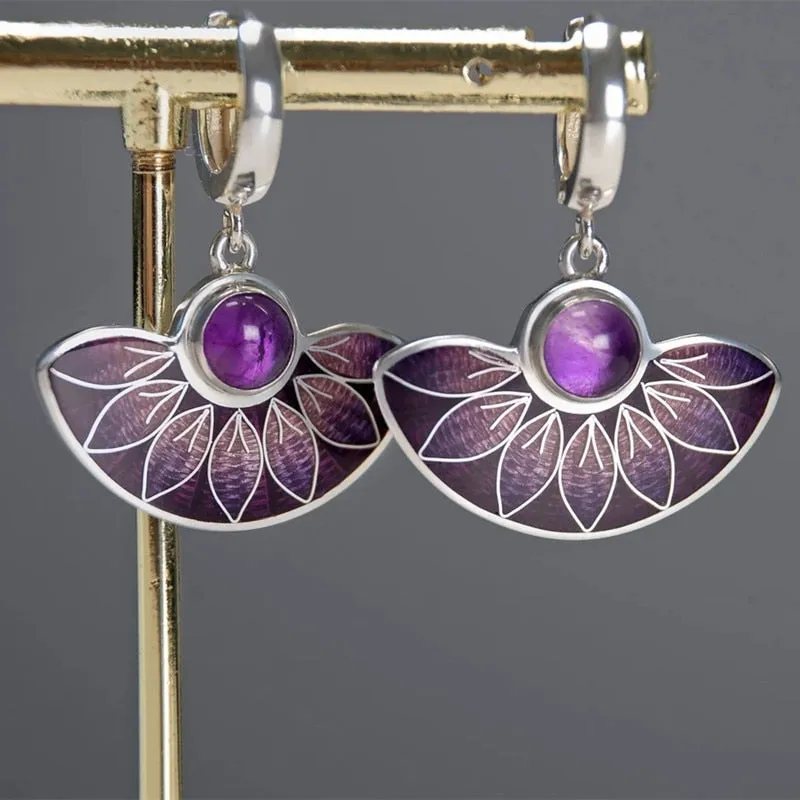 Fashion Boho Round Metal Inlaid Amethyst Earrings