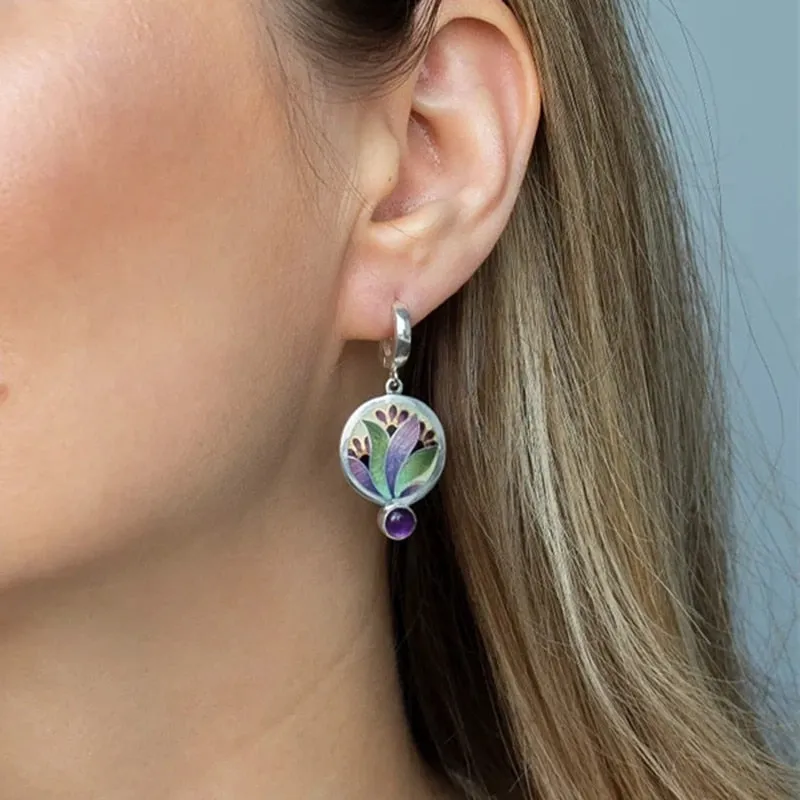 Fashion Boho Round Metal Inlaid Amethyst Earrings